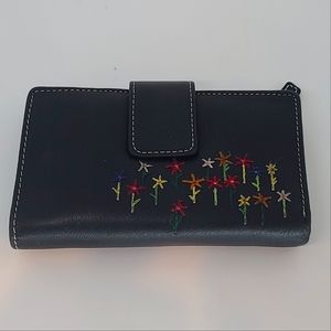 Embroidered Black Leather Wallet with Flowers